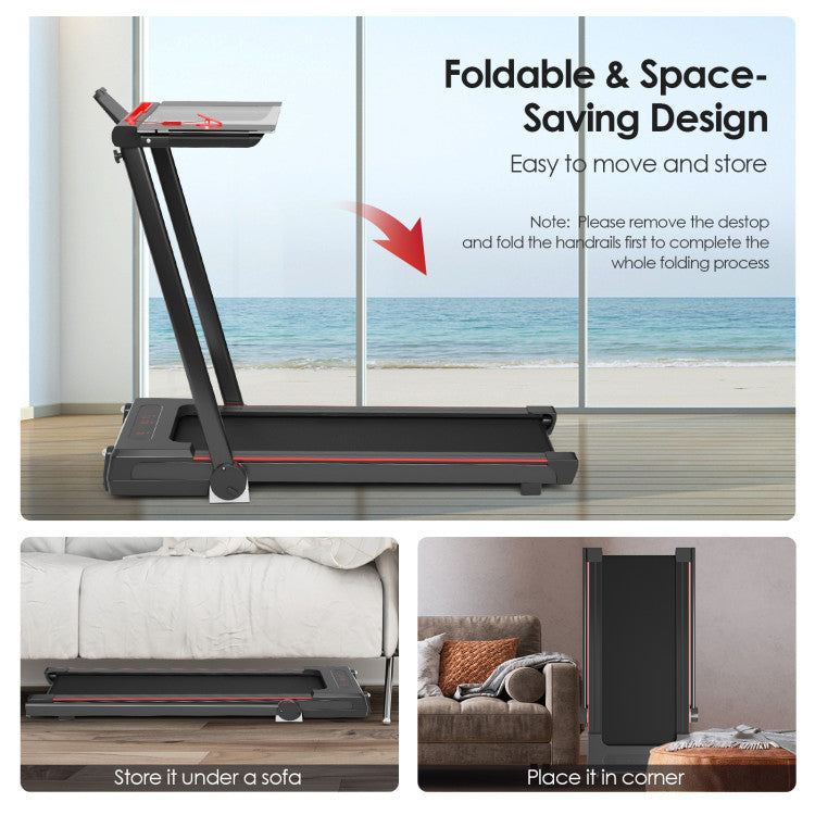 Foldable Design and Easy Storage: ​This treadmill can be folded into a compact size for easy storage and space-saving. Featuring 2 built-in transport wheels at the bottom, you can easily move it from room to room. After your workout, you can fold the treadmill and store it in a corner or under your bed/sofa.