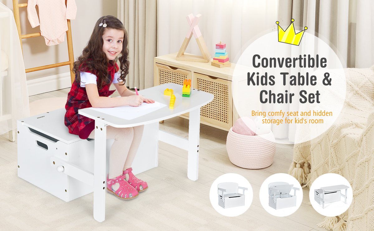 Versatile 3-in-1 Kids Activity Set: Transformable desk and chair combo with a convenient toy box featuring an easy-to-use cutout handle. Perfect for learning, playing, and storage in one smart design!