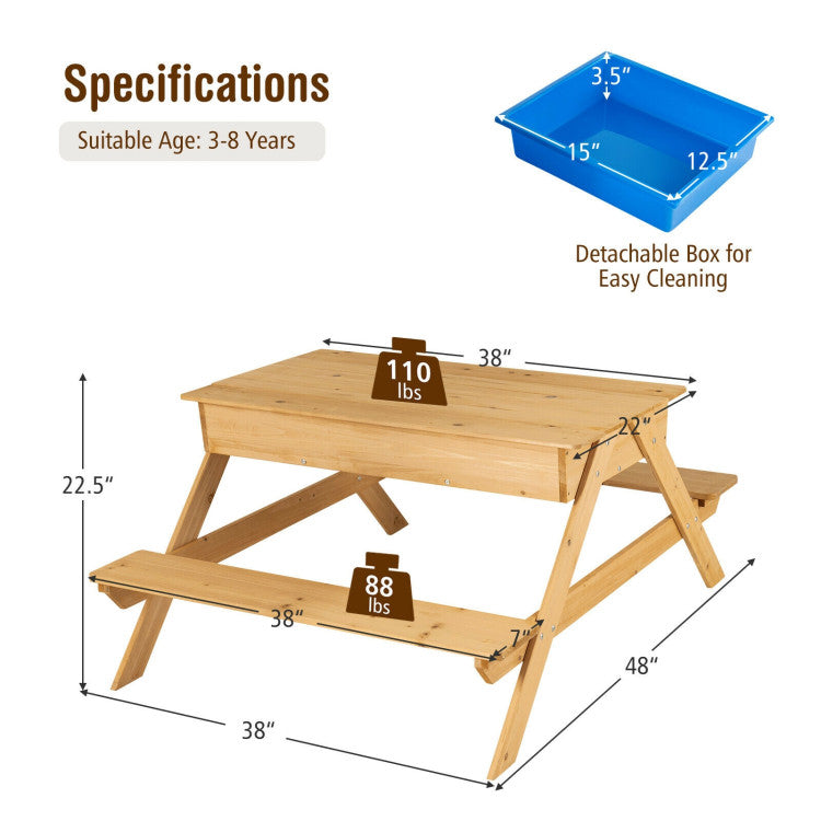 Effortless Assembly and Easy Maintenance: With a detailed installation manual, assembling this kids' picnic table is a breeze. Cleaning is equally hassle-free, as a soft cloth is all you need to wipe the surface clean. The detachable storage boxes are easy to clean, ensuring a tidy play area. Overall dimensions are 48" x 38" x 22.5" (L x W x H), with each bench measuring 38" x 7".
