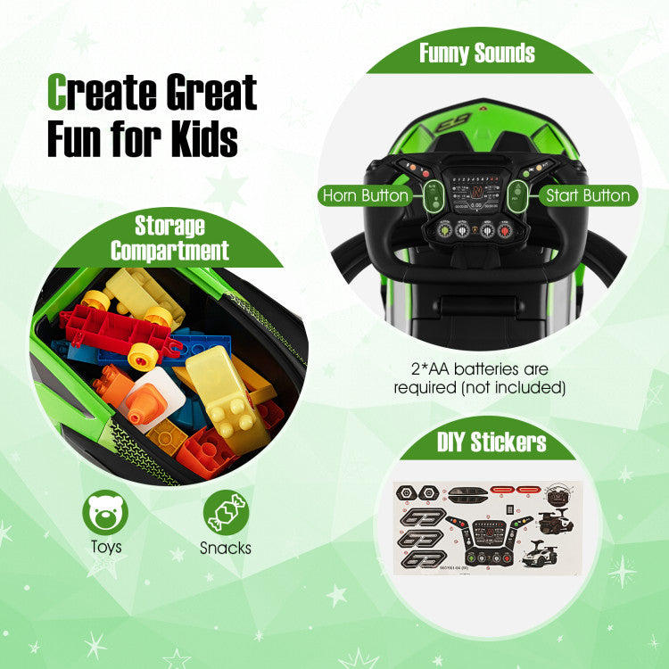 Fun-Filled Adventures: Watch your child cruise with favorite toys in the hidden storage. The steering wheel offers control, while the start button and horn add exciting sounds. DIY stickers provide a personal touch.