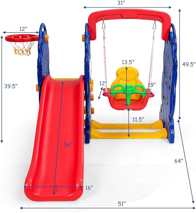 Simple Assemble Process: Crafted from non-toxic HDPE material, it boasts a smooth slide, secure swing, and detachable basketball hoop. With a weight capacity of 110 lbs, quick assembly, and no complicated tools needed, it's the perfect play companion for your child's active adventures!
