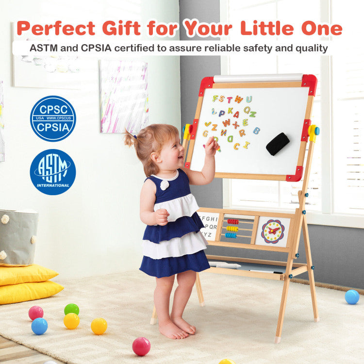 Educational Wooden Easel for Toddlers: Make learning fun! Our toddler wooden easel includes educational features like an abacus, clock, and alphabet. Encourage cognitive development in math and English. The cute clock helps kids grasp the concept of time.