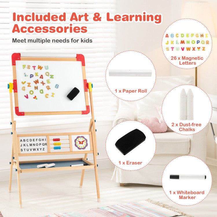Complete Accessories for Kids' Art: Enhance the artistic experience with our easel's complete accessories. Cover chalk with cases for skin protection, and use the eraser for both blackboard and whiteboard convenience. A thoughtful gift for creative and educational play.