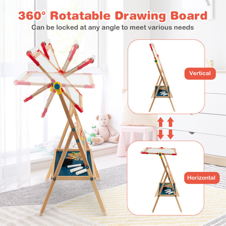 360° Rotatable Drawing Board for Kids: Foster imagination with our art easel's 360° rotatable drawing board. Use it as a table for art or puzzles by fixing it horizontally. The bottom storage tray keeps children's necessities organized. Complete with educational features like an abacus, clock, and alphabet.