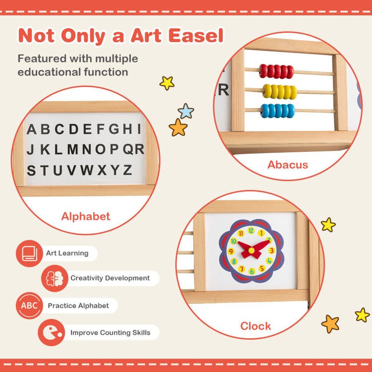  Safe and Durable Children's Art Easel: Ensure your child's safety with our wooden easel crafted from paint-free natural pine wood. The sturdy triangular structure, anti-slip foot pads, and rounded corners provide stability. An excellent gift for early education with built-in learning areas like abacus, clock, and alphabet.