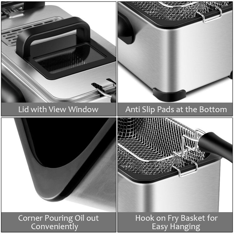 Effortless Cleanup: The fry basket, equipped with a convenient hook, simplifies oil drainage and can be lifted effortlessly. Additionally, the oil pan's corner spouts facilitate easy oil disposal. Both the fry basket and oil pan are a breeze to clean, and the removable heating element ensures maintenance is a cinch.