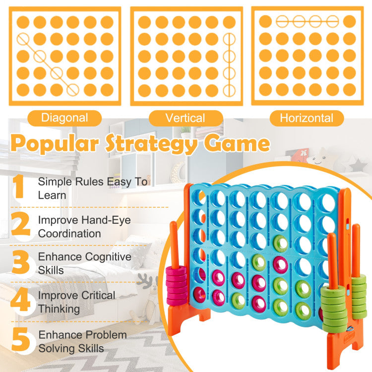 Effortless Setup Process: Assembling or disassembling the jumbo 4-to-score game is a breeze, requiring no extra tools. In just minutes, you can set up the entire game on your own. Cleaning is equally simple – a quick wipe with a damp cloth is all it takes.