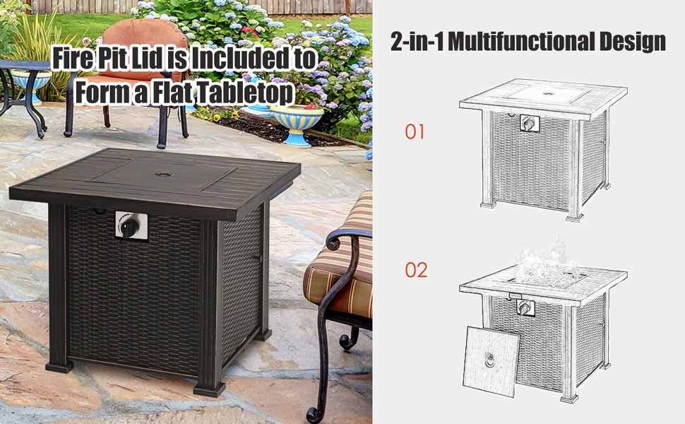 Versatile Design: Elevate your outdoor space with our multifunctional fire pit table! It effortlessly transforms into an outdoor side table, a stylish bar, or a handy storage table. This spacious fire pit tabletop serves as the perfect centerpiece for family gatherings, offering ample space for all your outdoor décor.