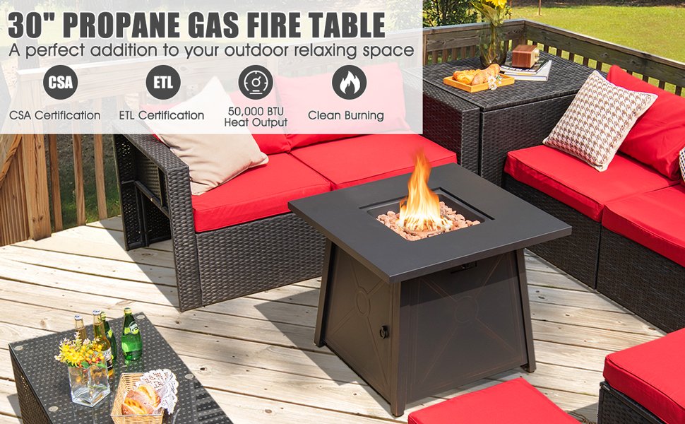 Warm & Romantic Bonfire Experience: Our propane-powered fire pit table guarantees stable and clean combustion, sparing you from ash and smog. Equipped with a high-performance burner and lava rocks, it delivers an impressive 50,000 BTU of heat, creating the perfect atmosphere for unforgettable moments.