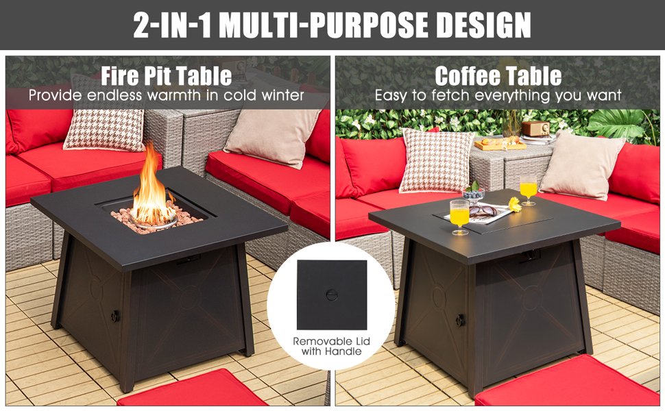 Multifunctional Fire Pit: Our multifunctional fire pit table effortlessly transforms into an outdoor coffee table, casual bar, or convenient storage table with the included lid. When the heating function is not required, cover the lid for a spacious surface, perfect for snacks and drinks during gatherings.