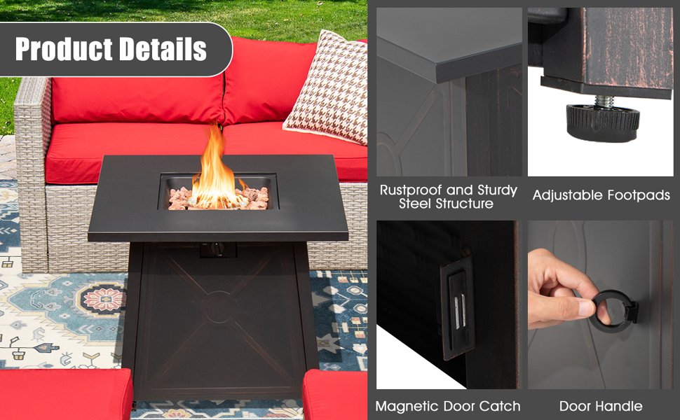 Safety-First, Easy Operation: Prioritize safety with our ETL-certified fire pit table. The CSA-certified regulator ensures peace of mind during operation. The propane stove securely stows inside the table with a magnetic clasp door, featuring a fixing ring for added stability. The user-friendly ignition device makes flame control and adjustment a breeze, ensuring convenience with every use.