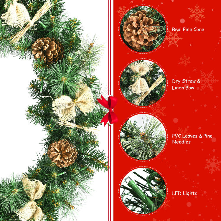 Unique Holiday Accents: Setting itself apart from traditional Christmas wreaths, this wreath is adorned with rustic linen bows, natural dry straws, and charming pine cones, offering a distinctive and delightful decorating experience. Transform your space with this grand 30" Christmas wreath, a stunning addition that complements various door types.