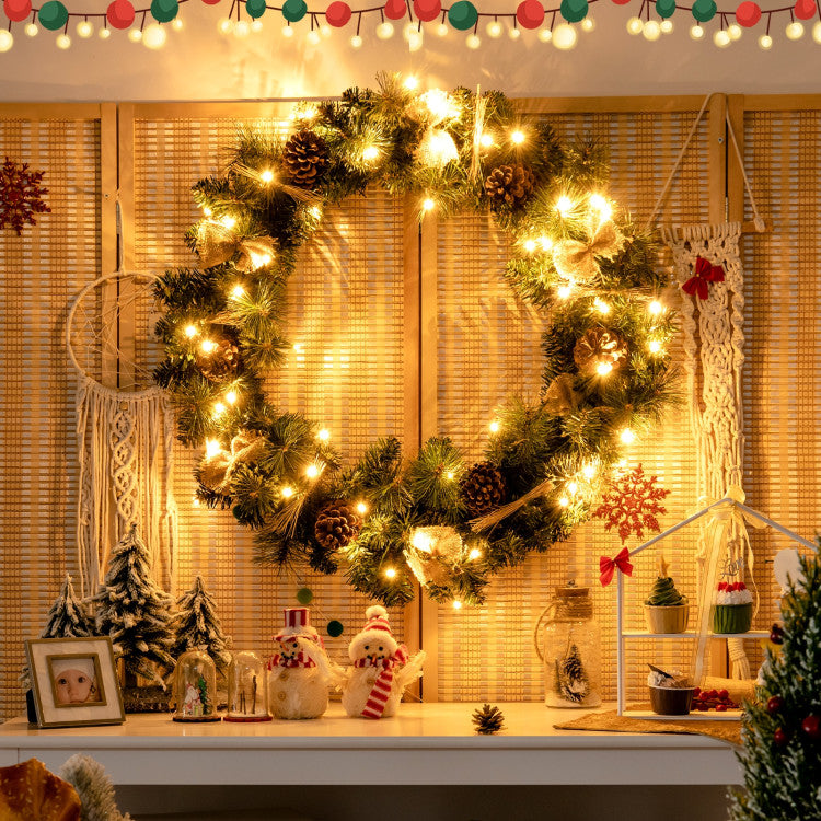 Effortless Setup: Save time and effort with our pre-assembled ornaments and lights. The wreath's sturdy wire frame maintains its round shape, making it a breeze to hang immediately upon unboxing.