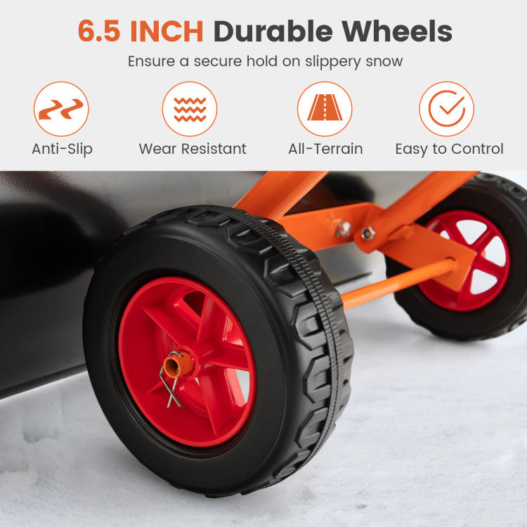 6.5 Inch Durable Wheels: Navigate through snowy terrains effortlessly with our 6.5-inch anti-slip rear wheels, boasting a substantial 3" thickness. Designed for secure traction on slippery surfaces, these wear-resistant wheels are easy to control with the foam-padded handle, providing a smooth and comfortable snow removal experience.