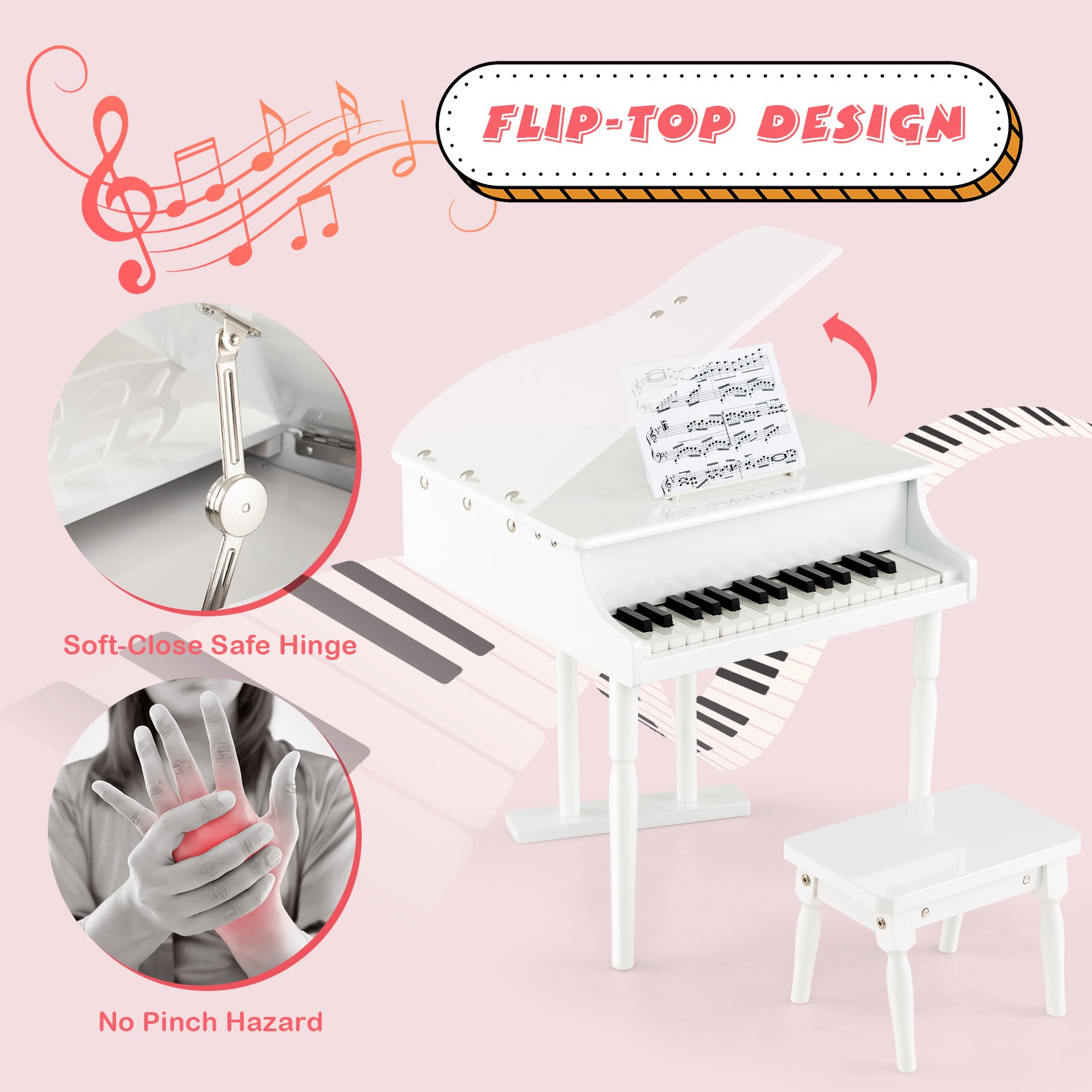 Hikidspace 30-Key Kids Toys Piano Keyboard with Bench Piano Lid and Music Rack