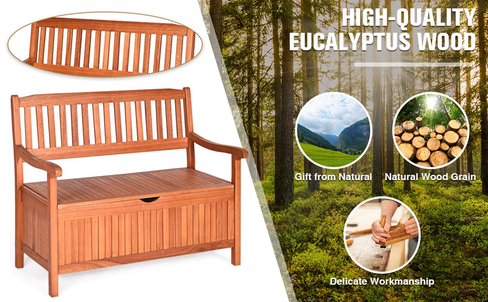 Durable Solid Wood Frame: Made of premium and sturdy eucalyptus, the practical bench has a large weight capacity which is up to 705 lbs. And the frame of the bench is not easy to deform or crack. Plus, the slats are waterproof and bring classic style after careful polishing.