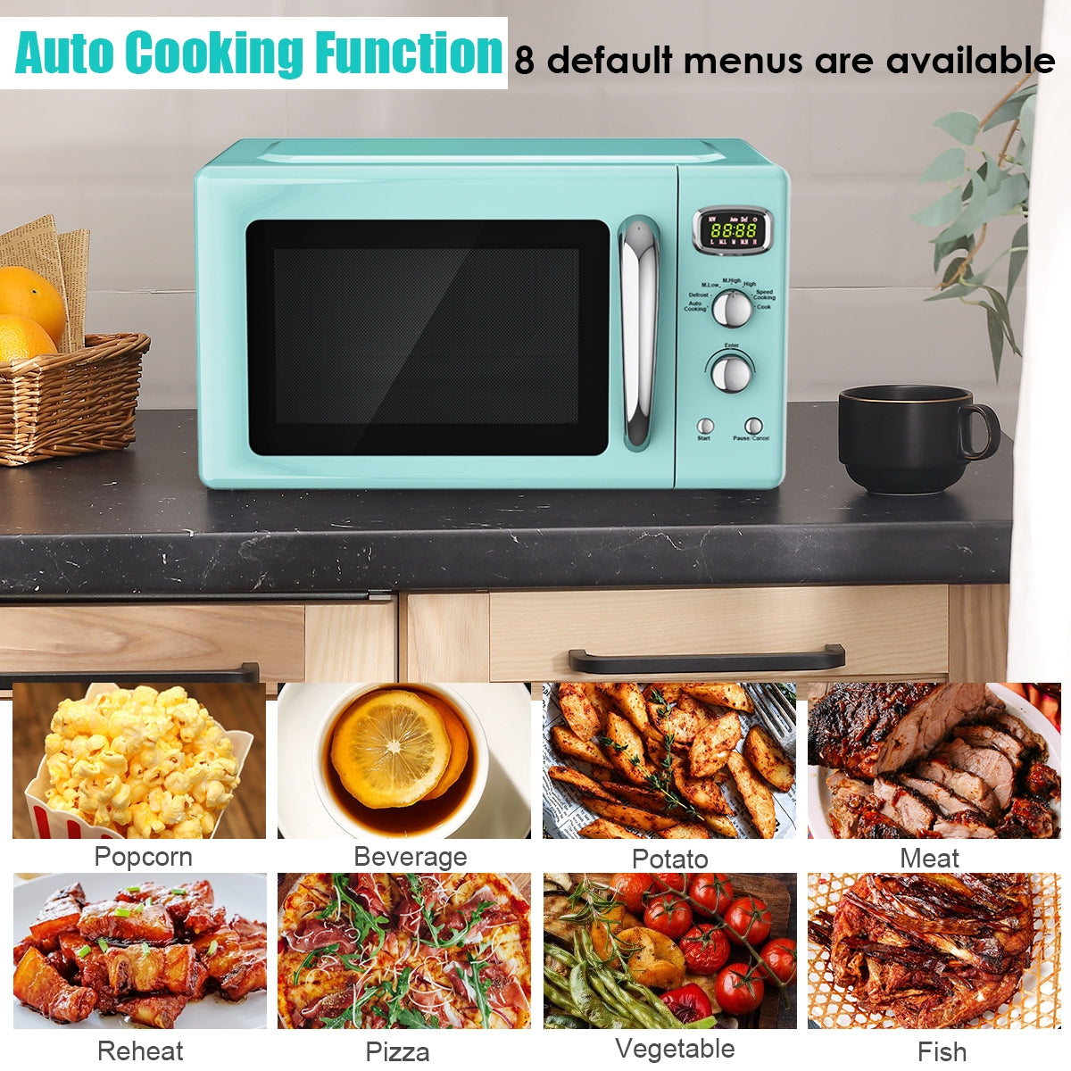 Customize your cooking with auto cooking mode: The retro microwave oven comes with a default cooking menu for popular foods like popcorn, pizza, and potatoes. Simply select the menu, enter the weight, and press the "start" button to begin cooking. The convenient auto-cooking program menu brings efficiency and ease to your daily life.
