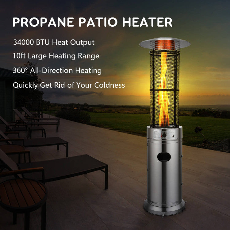 High Output 34000 BTU Heating: Experience ultra-efficient heating coverage with our patio heater's glass heating column, delivering a powerful 34000 BTU output. Stay warm in style during late fall and winter nights, creating a cozy environment for gatherings with family and friends.