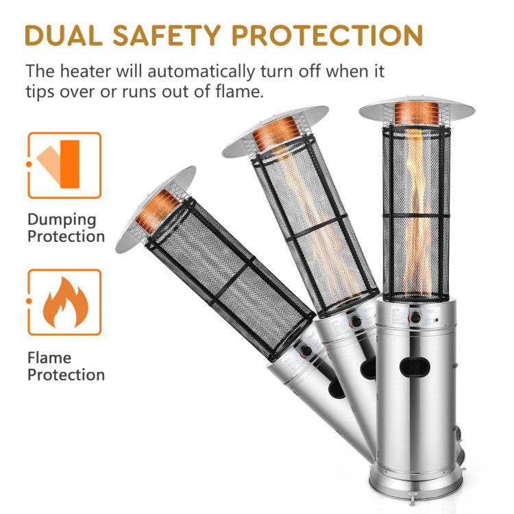 Safety-First Patio Heating Solution: Your safety is our priority! Our patio heater features a stable base with a 20 lbs LP Gas tank, ensuring extra stability. The auto shut-off tilt valve and gas run-out safety feature provides peace of mind. Pilot light technology ensures a safe startup and shutdown.