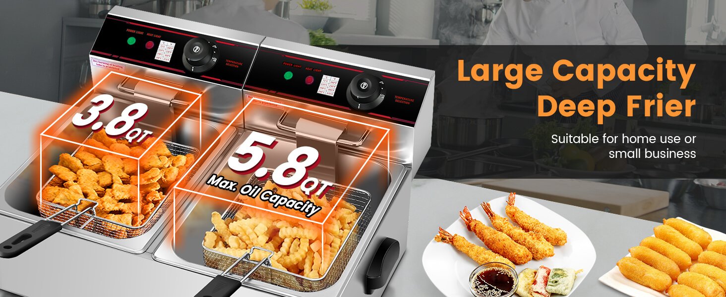 Double-Tank Fryer with 12.8QT Capacity: Our dual-tank fryer offers exceptional versatility, perfect for both commercial establishments and home kitchens. Whether you're running a small restaurant or café, or simply hosting family gatherings, the 12.8QT capacity ensures you can easily prepare delicious fries and more for everyone.