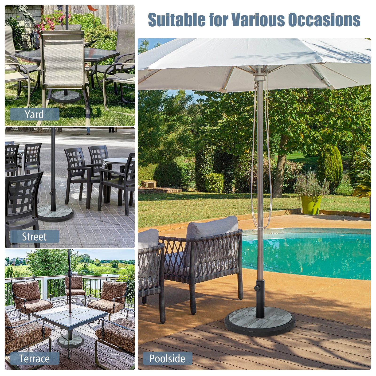 Wide Range of Applications: With overall dimensions of 19" x 12.5" (Dia. x H) and a net weight of 35 lbs, this round umbrella stand is a versatile addition to your outdoor space. It is suitable for various occasions, including patios, poolside areas, yards, streets, terraces, decks, lawns, gardens, and other settings, as well as for commercial use.