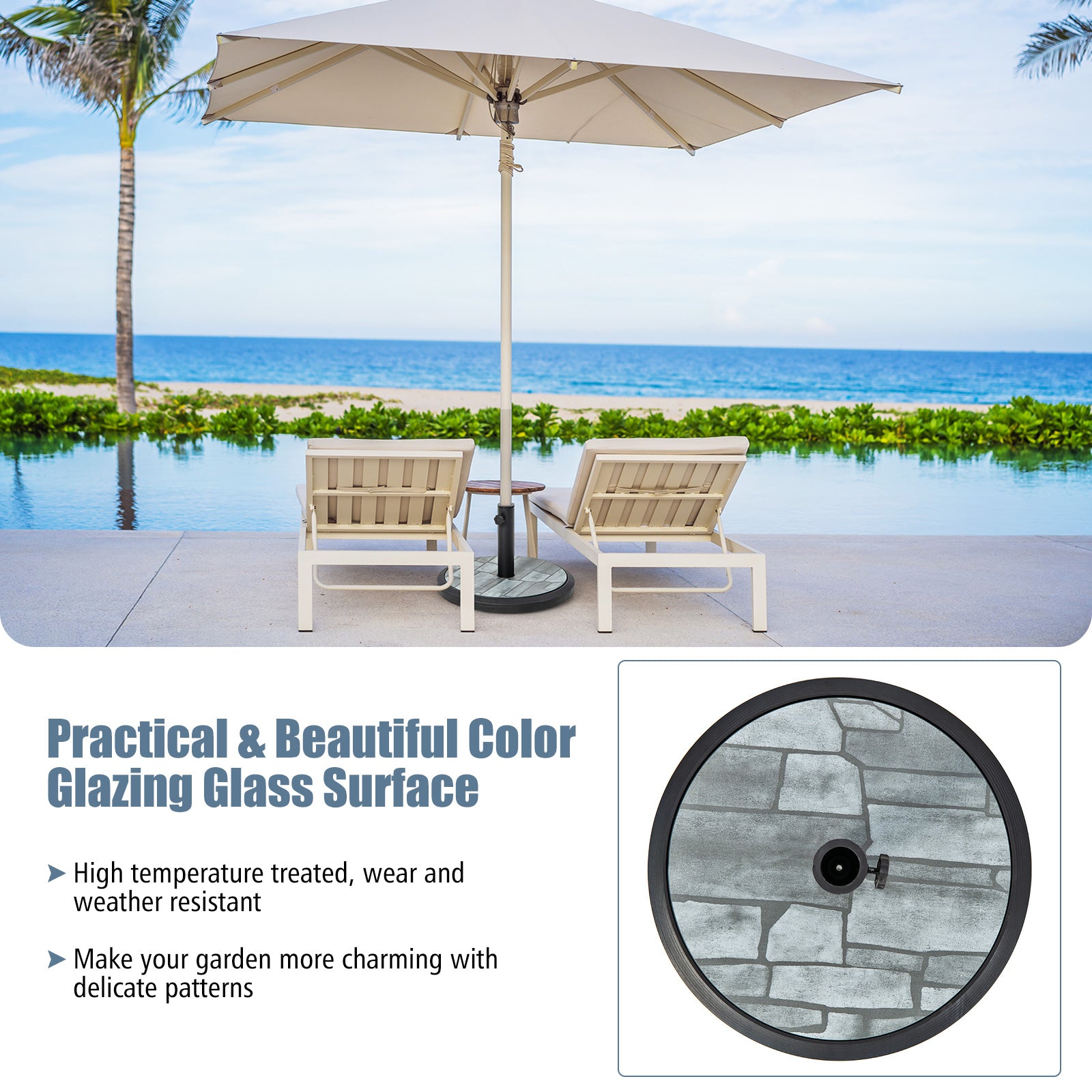 Stylish Stone Pattern: The outdoor market umbrella stand features an attractive color glazing glass surface with delicate patterns, adding charm to your garden. The high-temperature treatment enhances its wear and weather resistance.