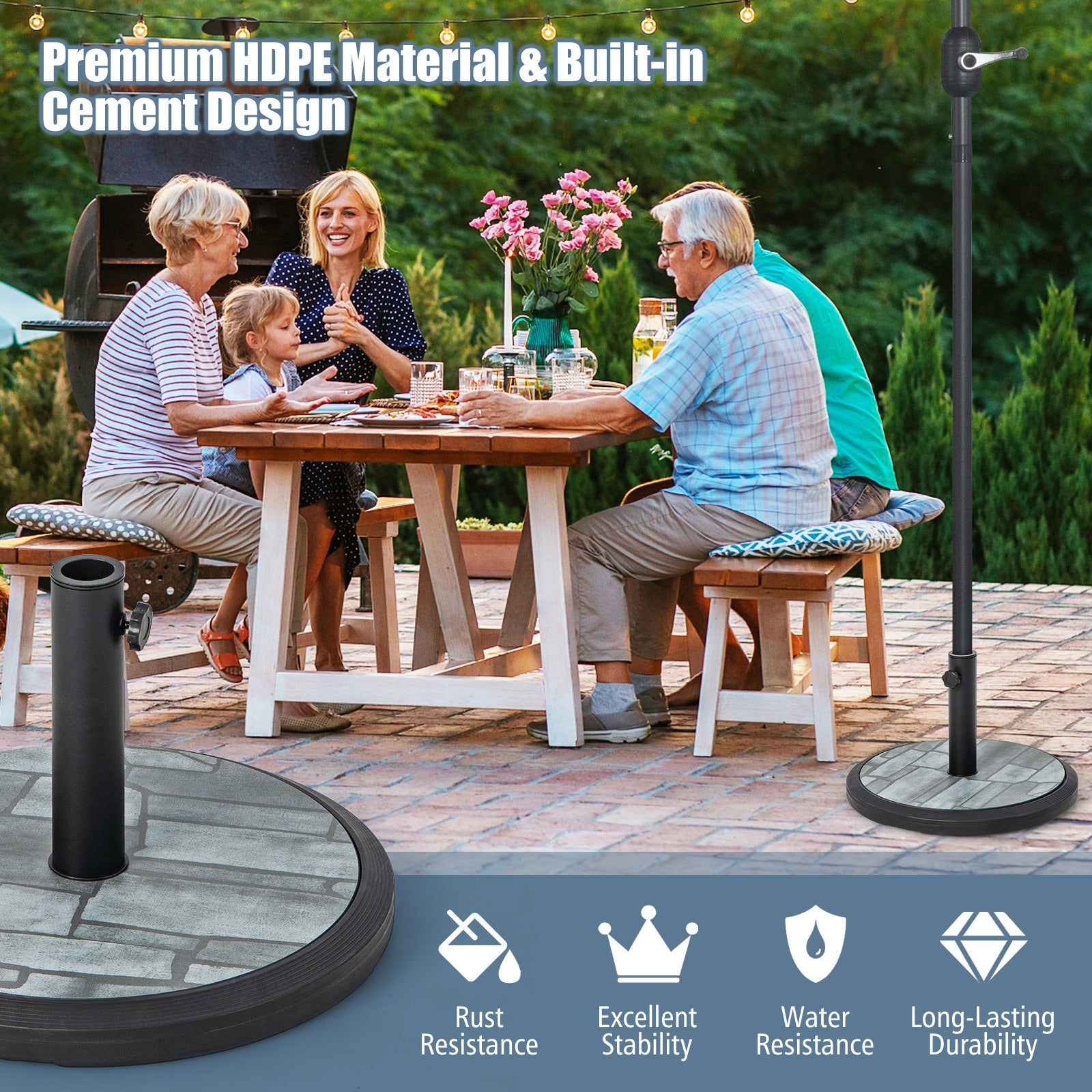 Sturdy HDPE Construction with Built-in Cement: Constructed from high-quality HDPE material, this umbrella base is resistant to sun and water, ensuring durability. The built-in cement design provides stability and prevents wobbling.