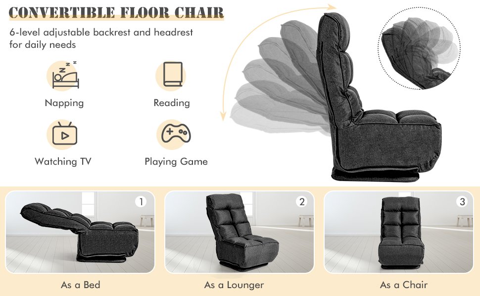 Elevate Your Comfort: Immerse yourself in ultimate relaxation with our floor gaming chair boasting a 6-position adjustable backrest and headrest. Enjoy smooth adjustments, providing unparalleled support for your daily activities. Your comfort, your way!
