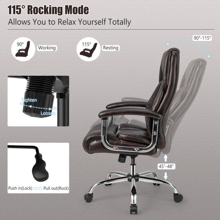 Customizable Comfort: Experience ultimate comfort with the adjustable seat height and 360-degree swivel feature of this executive chair. Effortlessly find your ideal seat height and enjoy the freedom to rotate in any direction. Moreover, the rocking backrest allows you to relax at any angle between 90 degrees and 115 degrees.