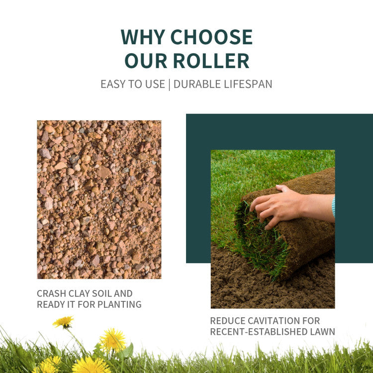 High Capacity: Boasting a 16-gallon capacity, our sod roller is heavy enough to press down and integrate loose soil, ensuring a well-kept lawn by keeping rhizomes closely connected to the underlying soil.