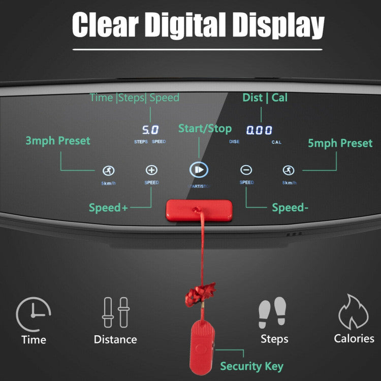 HD Digital Display Screen: Elevate your fitness journey with our treadmill's HD screen, tracking real-time stats. From calories burned to speed, take control of your exercise with two presets or customize freely. Max speed of 12.8km/h for diverse running needs. Unleash your potential!