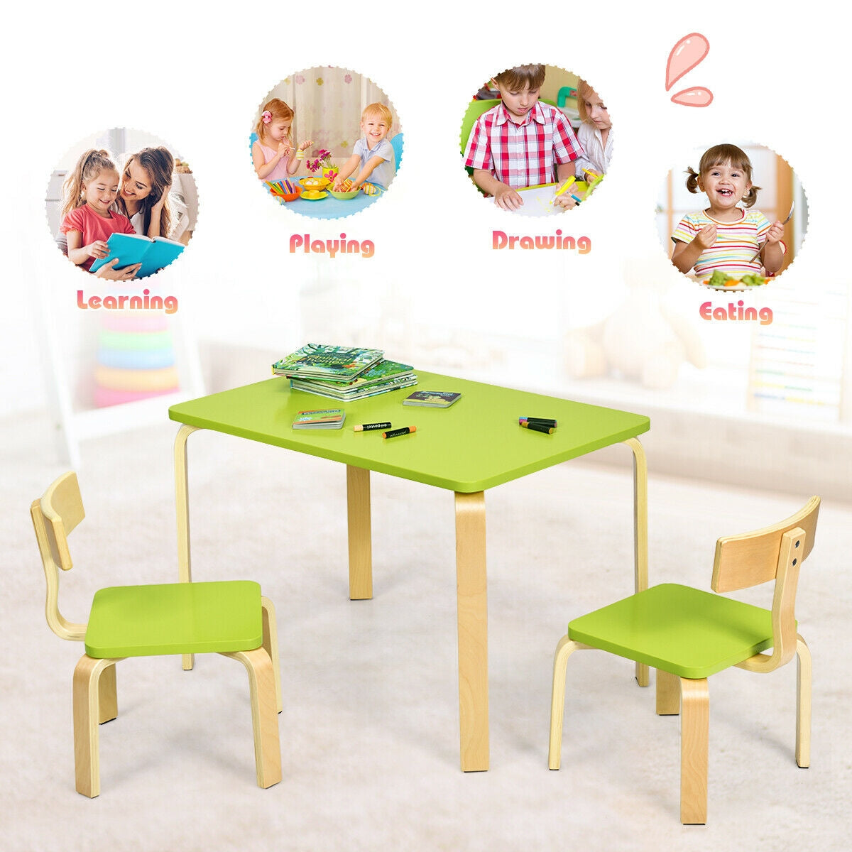 Versatile & Stylish: Perfect for any space, our multifunctional table and chair set suits kindergartens, bedrooms, and game rooms. This stylish and modern furniture set lets your kids eat, read, draw, or play games.