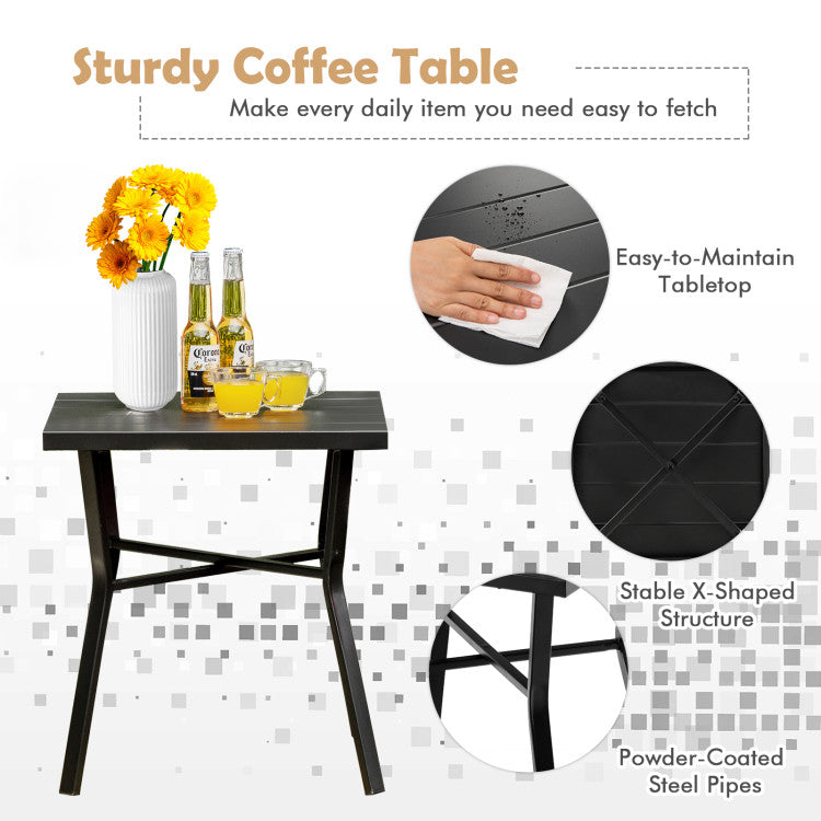 Durable Coffee Table: The coffee table features a slatted tabletop that offers ample space for your essentials. Its X-shaped structure ensures stability, and the powder-coated surface adds durability and rust resistance.