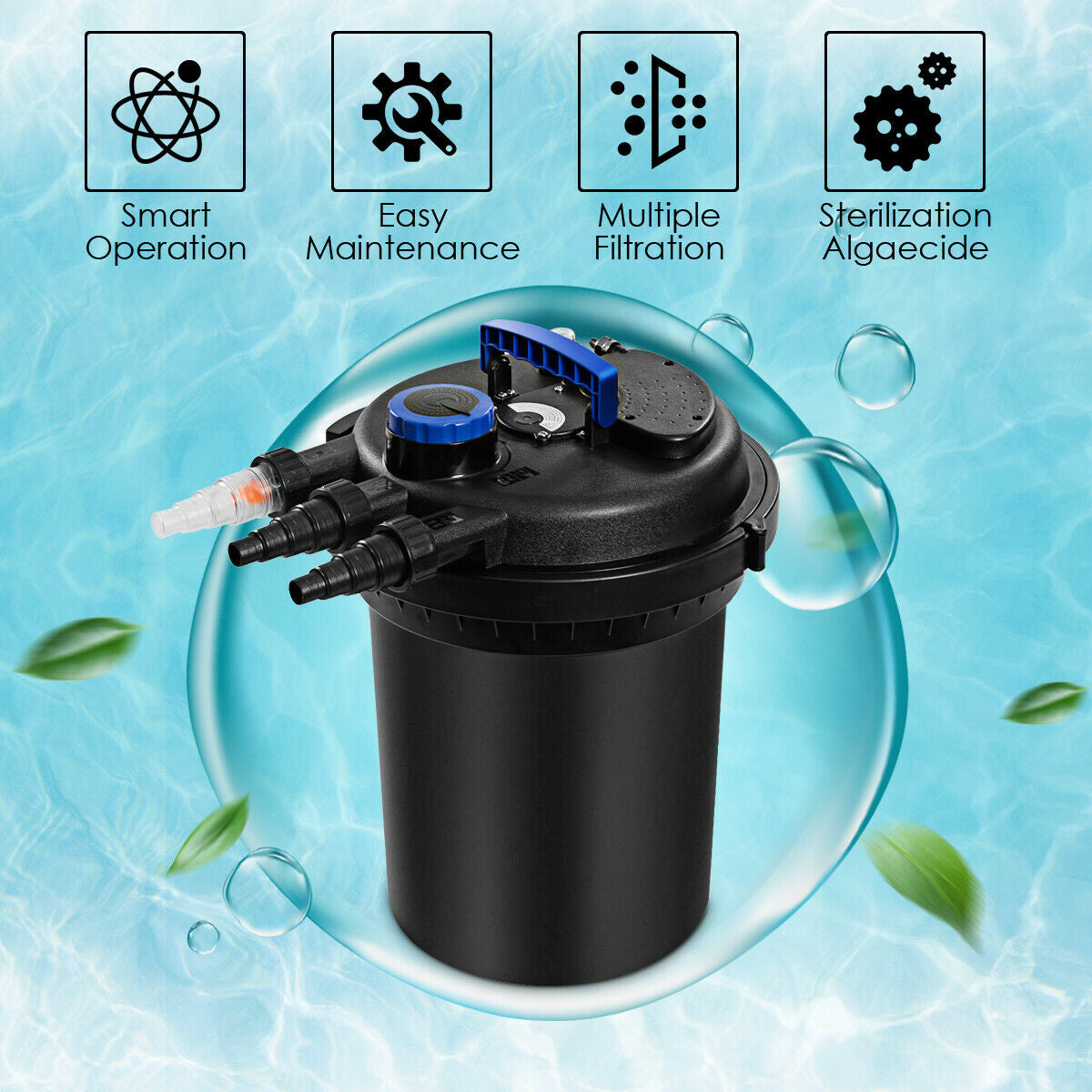 Easy Solution for a Clean and Healthy Pond:  It utilizes biotechnology and features a sealed pressure filter system. The filter can be conveniently relocated using the handle, allowing placement on land or in the water.