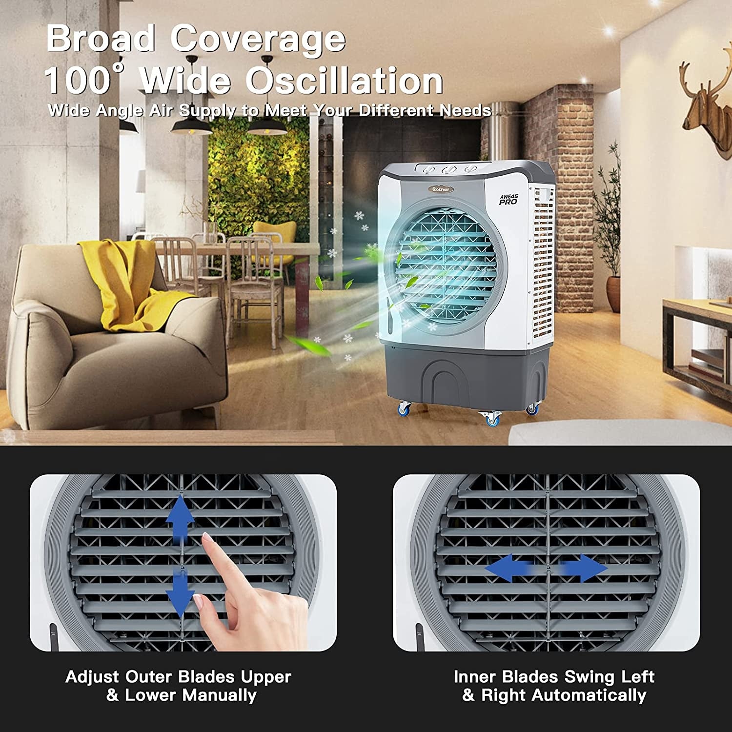 Enjoy a powerful breeze and wide coverage: Prepare to be amazed as our fan releases an astonishing airflow of up to 9740 cfm, capable of cooling an impressive 1800 Sq. ft area. Choose from three wind speeds and adjust the louvers to your preference. With a 100° oscillation angle, our fan ensures broad coverage for a refreshing airflow in every direction.