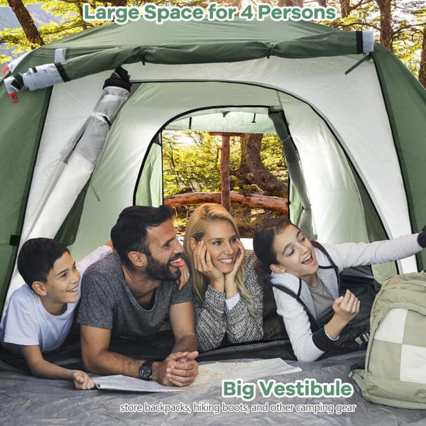 Spacious Space with Vestibule: The interior space of the camping tent measures 8.2' x 11' x 4.8' (L x W x H) which can accommodate 4-6 persons, providing spacious room for the family. Moreover, there exists a big vestibule bringing convenience for storing backpacks, hiking boots, and other camping gear, and it can also be a rest area for your lovely dog.