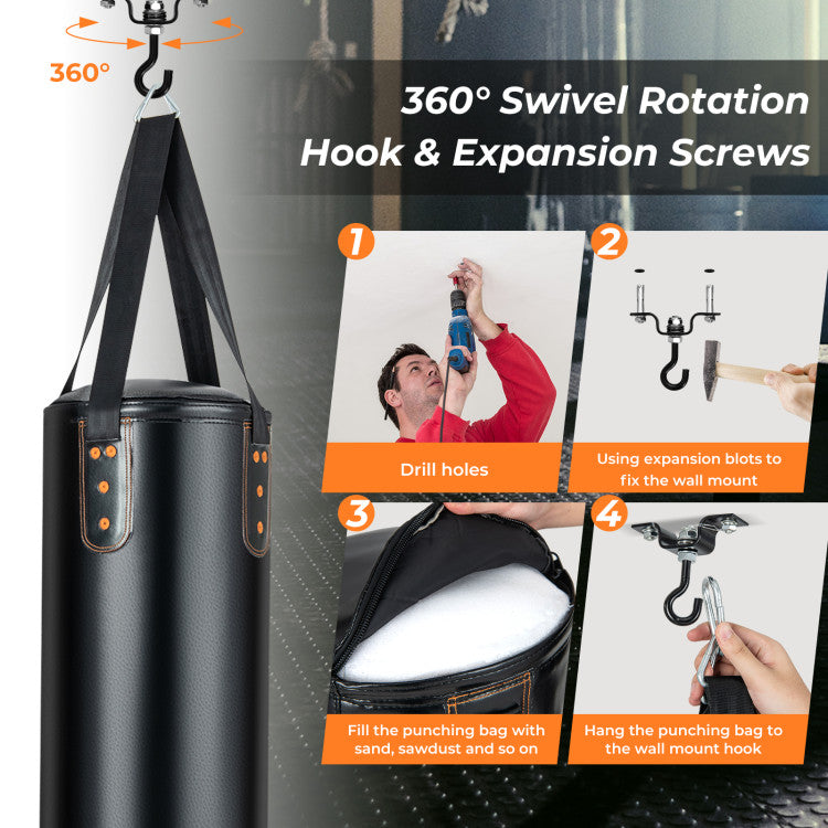 Easy to Hang: Achieve a stable and safe boxing experience with our 360° rotatable hook that allows the punching bag to rebound freely after each hit. The set includes ceiling mounting hardware and a flexible snap hook for easy hanging options, including top suspension, wall bracket, sandbag rack, or vertical sandbag rack. Enjoy a versatile training environment tailored to your needs.