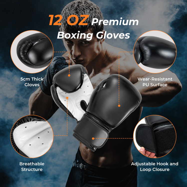 12 OZ Boxing Gloves and Hand Wraps: This includes a pair of high-grade 12OZ boxing gloves. These gloves offer 5 cm/2" thick padding, wear-resistant PU surface, ventilation holes, and secure hook and loop fasteners for unparalleled protection and comfort. The set also includes 2 protective hand wraps to ensure your hands stay injury-free during every session.