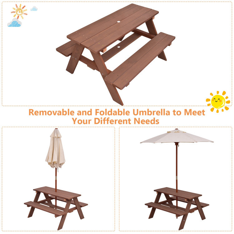 Portable and Adjustable Umbrella: Keep the table area shaded with the large and durable umbrella that slides through the table's center hole. It provides excellent protection from the sun, keeping children cool and comfortable during outdoor play. The umbrella is also foldable and removable, offering versatility for indoor use or when more play space is desired.