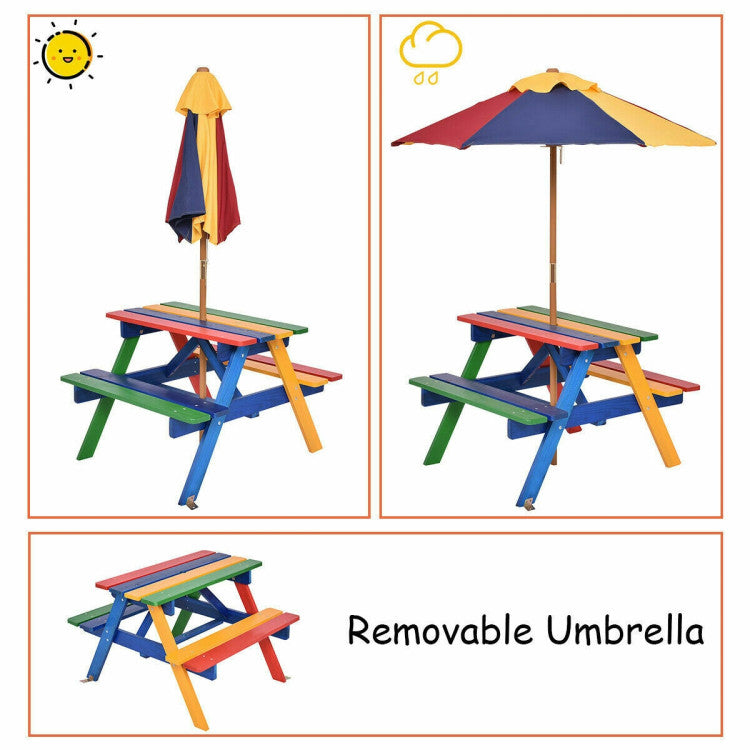 Foldable and Detachable Umbrella: Keep the picnic area shaded and protected with a large umbrella that effortlessly slides through the center hole of the table. This umbrella is not only wear-resistant but also waterproof, making it ideal for outdoor use. When more play space is desired or for indoor enjoyment, it can be easily folded and removed.