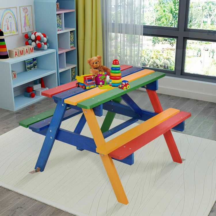 Spacious Kid-Sized Design: Designed with children's height in mind, this picnic table set comfortably accommodates up to 4 kids. The two built-in benches provide ample seating for your little ones and their friends, allowing them to interact face-to-face. The 35" x 13.5"/28" x 14" table offers plenty of room for snacks, games, and more.