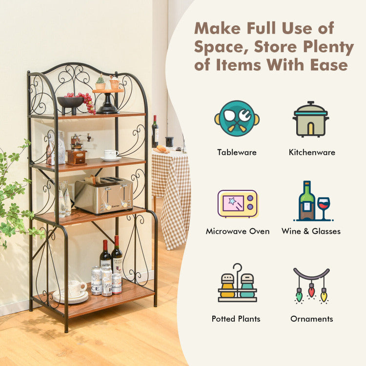 Maximize Kitchen Storage Space: It features four shelves for storing kitchen essentials like dinnerware, wine, and more. The open-shelf design ensures quick and easy access to everything you need, keeping your kitchen neat.