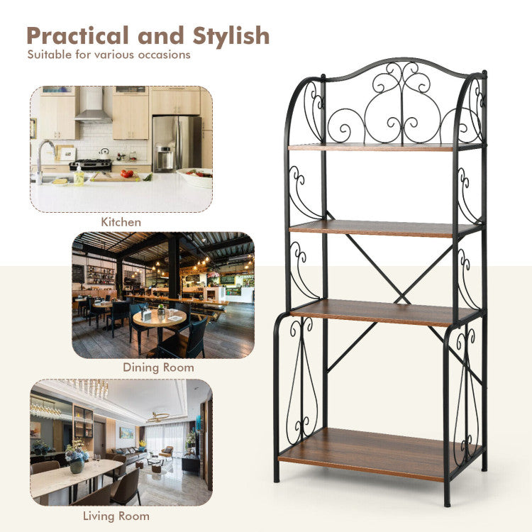 Chic Industrial Elegance: Embrace a blend of wood and metal in a stylish industrial design. The exquisite scroll patterns add a touch of elegance to your kitchen, making this baker's rack not only a functional storage solution but also a chic addition to your home decor.