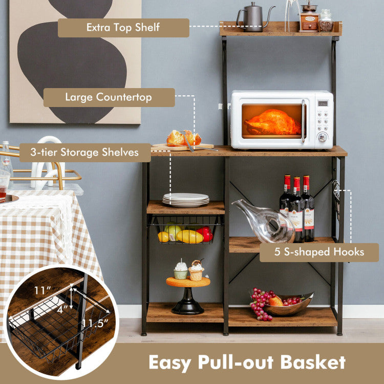 4-tier Storage Space: 3 sturdy shelves and an additional top shelf provide ample room for all your kitchen essentials, from microwave ovens to pots, plates, and more. The intelligently designed distance between each tier accommodates even larger items, while five movable S-shaped hooks add extra space for hanging cooking spoons or towels.