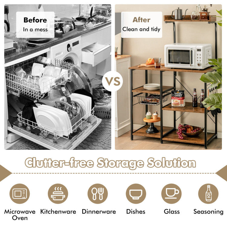 Space-saving Kitchen Organizer: Say goodbye to kitchen clutter! Our multi-layer design ensures every item finds its designated place, making your kitchen more organized. With a compact floor area of just 35.5" x 16" (L x W), this freestanding shelf provides four separate tiers, including a movable wire basket. Efficiently classify your daily objects without taking up precious space.