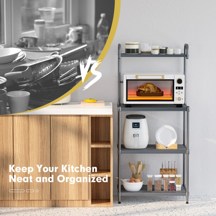 Powerful 4-Tier Storage: Comes with a total of 4 tiers, 3 bottom shelves, 1 top shelf, and a convenient top bar with hooks to ensure everything from microwave ovens to kitchenware finds its perfect place. Say goodbye to clutter and hello to a tidy, efficient kitchen!