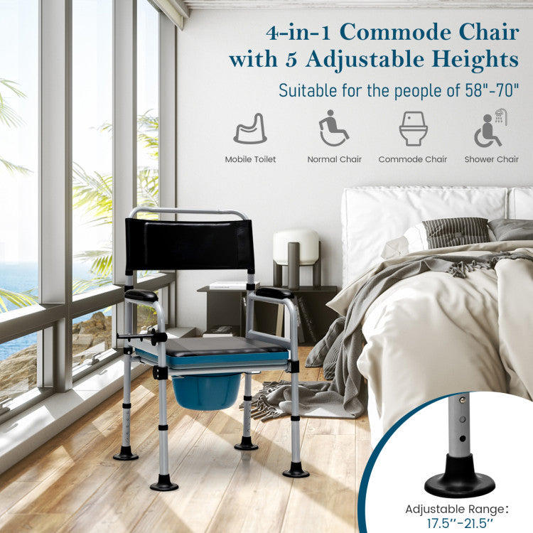 Versatile Commode Chair with Adjustable Heights: With a height range spanning 36.5’’ to 40.5’’, this commode chair can be flexibly tailored to accommodate individuals of varying needs and preferences. Furthermore, it serves as a multipurpose solution, suitable for use as a shower chair, standard seat, or portable toilet. It's perfect for homes, nursing facilities, and more.