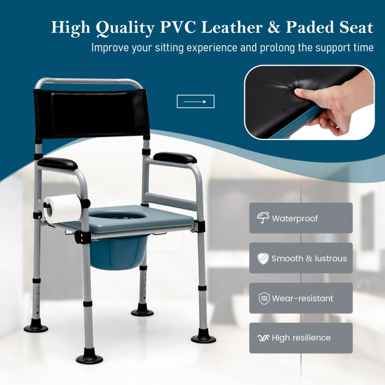 Well-Appointed and Comfortable: Our commode chair is thoughtfully designed with a tissue holder for added convenience. Its ergonomic backrest, armrests, and plush PVC leather cushion provide ultimate comfort and relaxation. It makes for a considerate gift for the elderly, disabled, or those recovering from injury.
