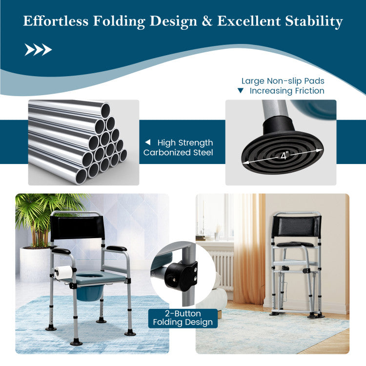 Effortless Folding and Storage: The two-button design allows for tool-free folding in just minutes. This results in a compact, space-saving configuration, ideal for hassle-free transportation or storage. Our portable and lightweight commode chair offers both convenience and functionality.