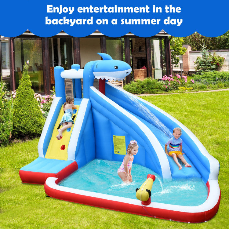 Unforgettable Adventures: With its eye-catching shark design and vibrant colors, this inflatable water slide park captures kids' imaginations instantly. It provides ample space for up to 4 children aged 4 to 12 to play together. The inflatable part can handle a total weight of up to 265 lbs, with each child weighing under 66 lbs.